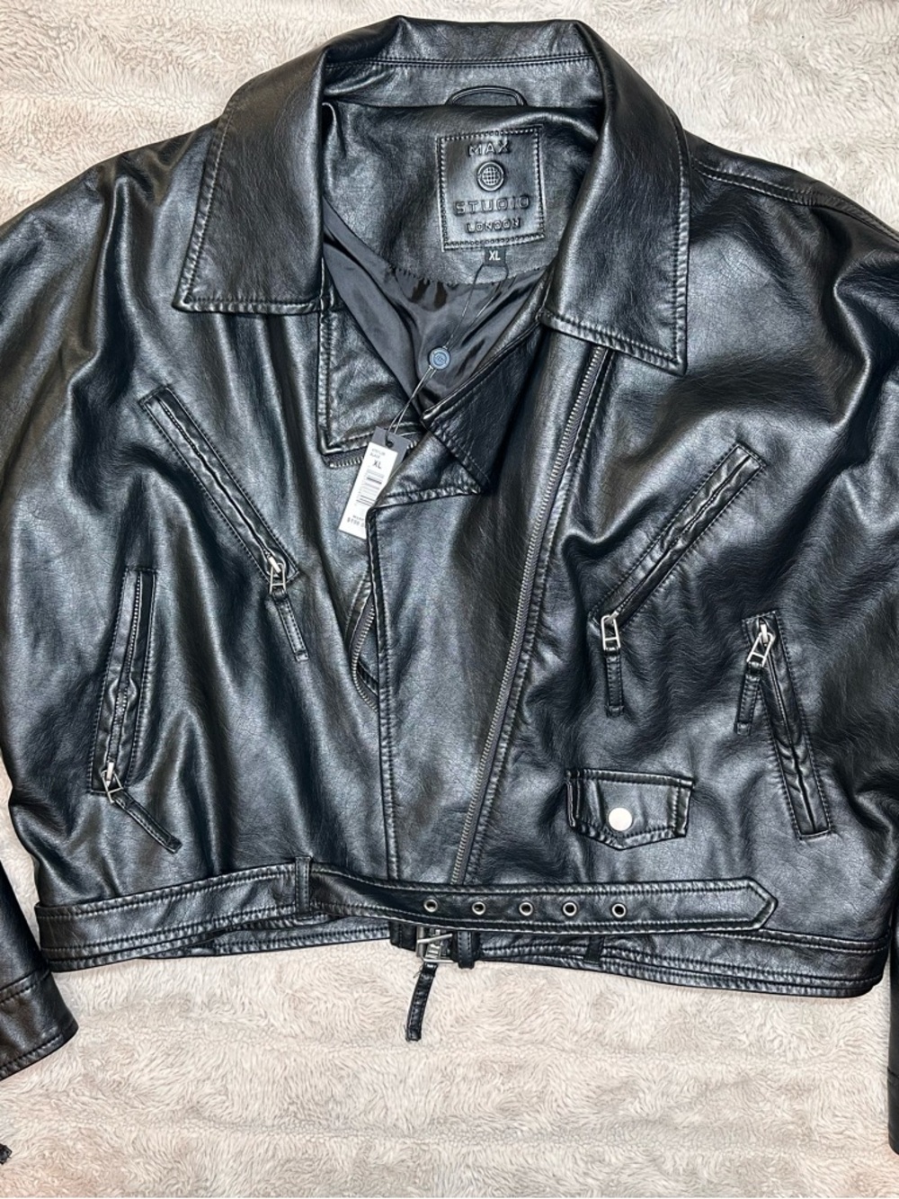Black Faux Leather Biker Jacket with Belt